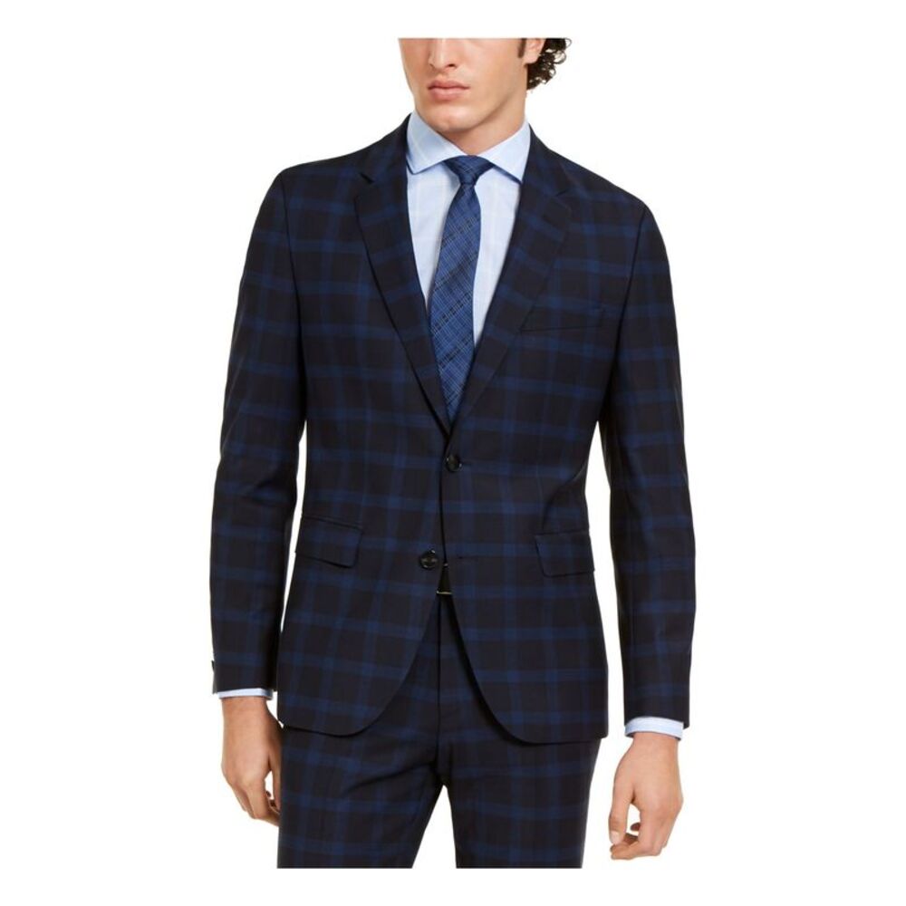 HUGO Mens Blue Single Breasted, Plaid Stretch Suit Separate Blazer Jacket 42R